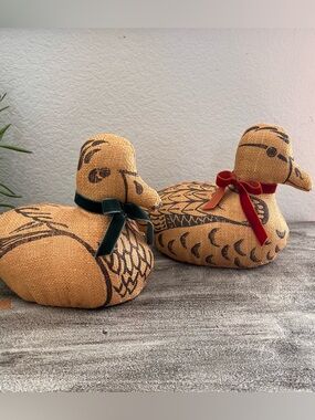 Pair of Vintage Decorative Burlap Stuffed Ducks with Velvet Bows - Tan
